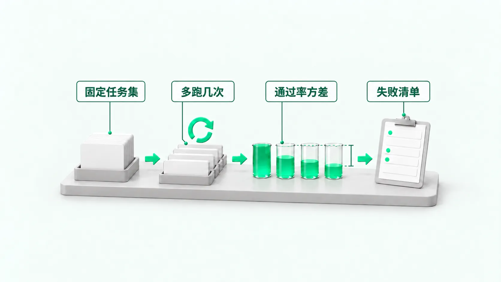 一块台面上从左到右四站,用绿色箭头相连:一叠固定任务卡、同一张卡复制成一排托盘、四只液位高低不一的烧杯和标出高低差的括号、一块部分行标了绿点的清单夹板