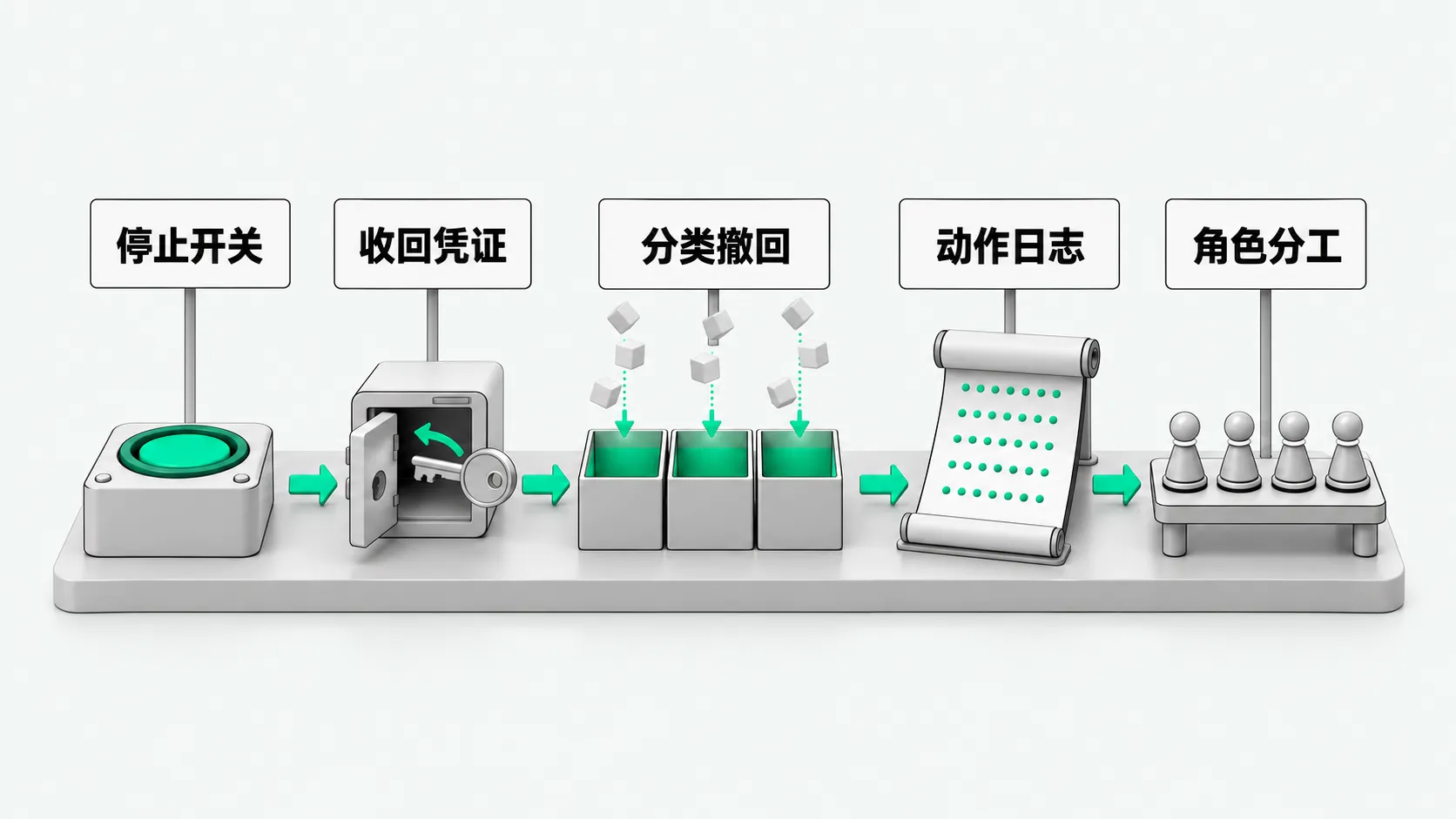 一块台面上从左到右五站,用绿色箭头相连:按下的停止按钮、收回保险箱的钥匙、三只分类箱、点阵动作日志、四枚角色棋子