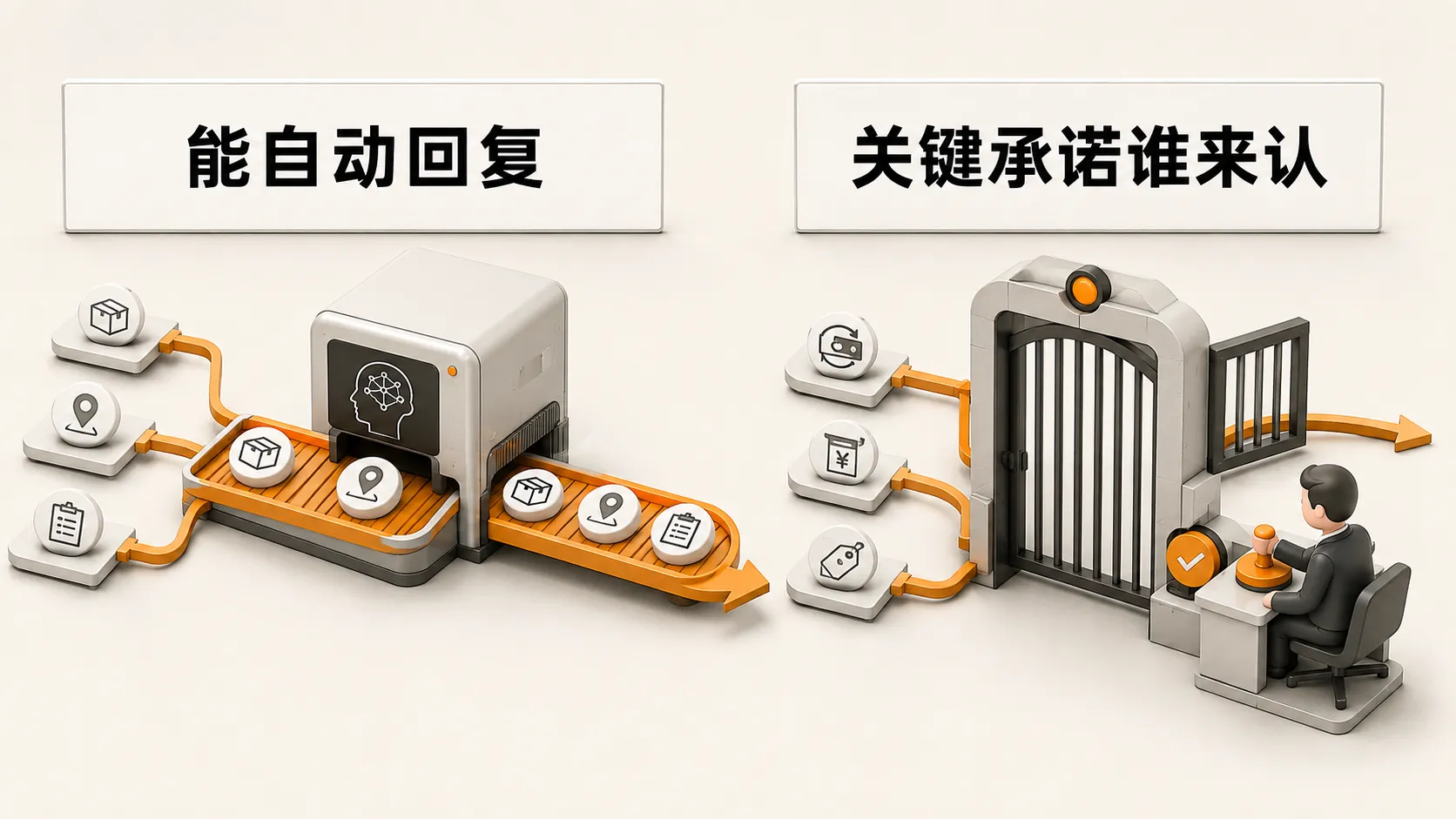 能自动回复与关键承诺谁来认：左侧标准化问题自动答复，右侧退款赔偿改价须人工或规范化流程确认