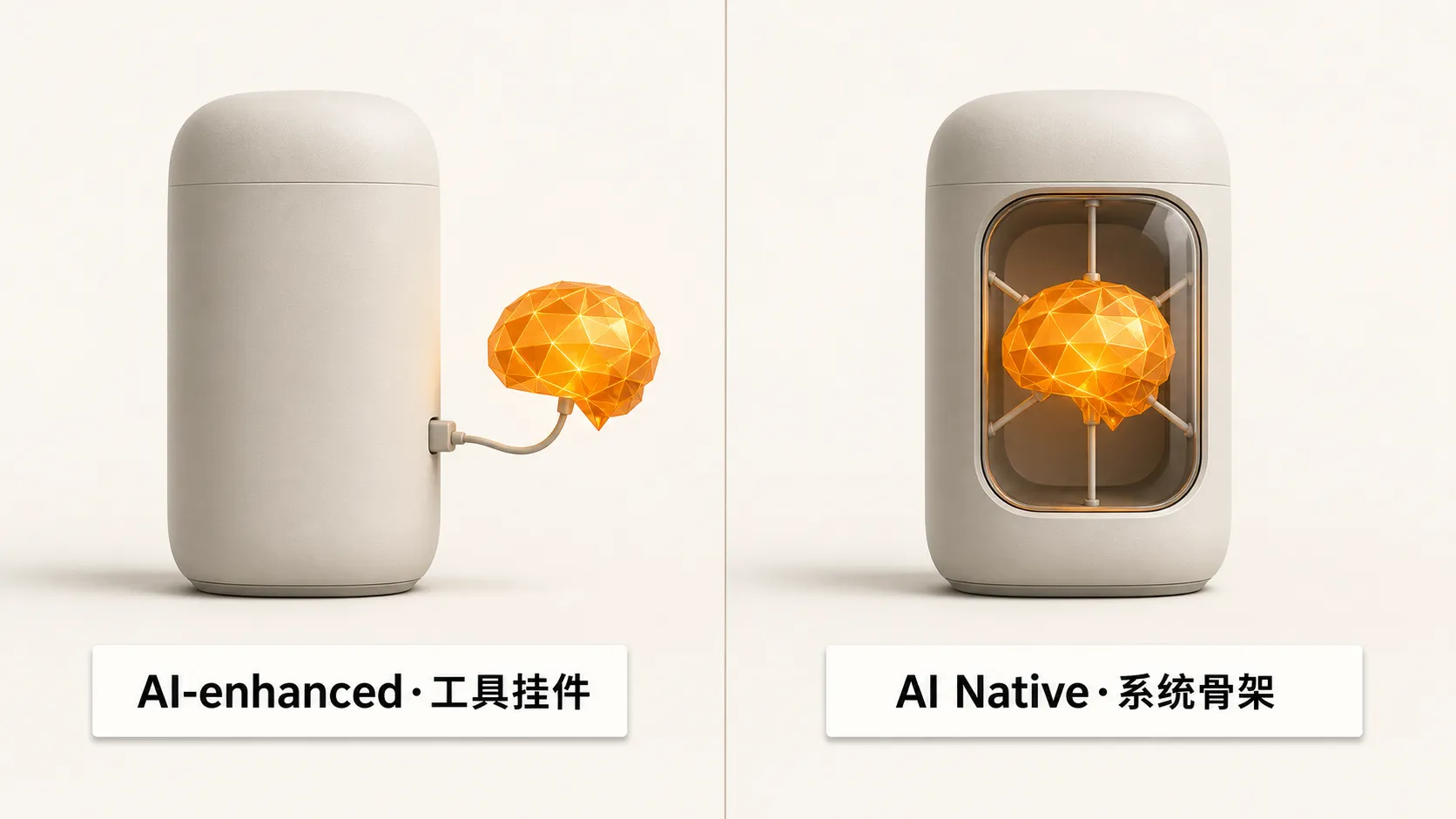 AI-enhanced 是挂在系统外部的工具模块,AI Native 是贯穿系统结构内部的骨架