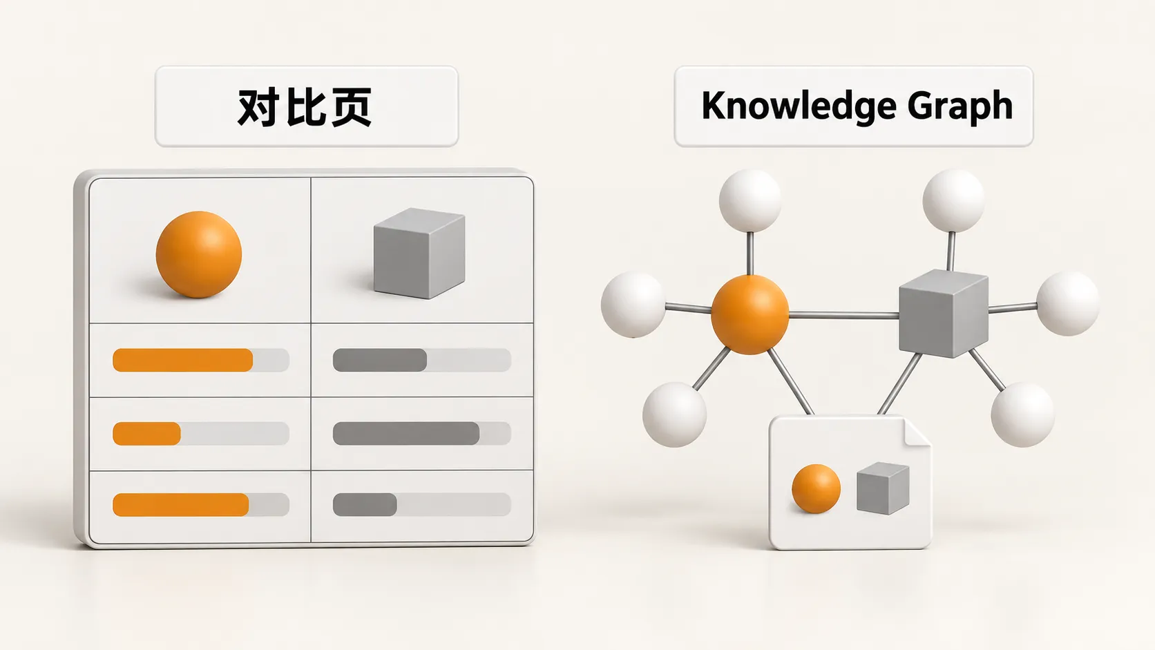 对比页与 Knowledge Graph：左侧 X vs Y 对照表与公平取舍，右侧产品与公司名在全文和表格里保持同一实体写法