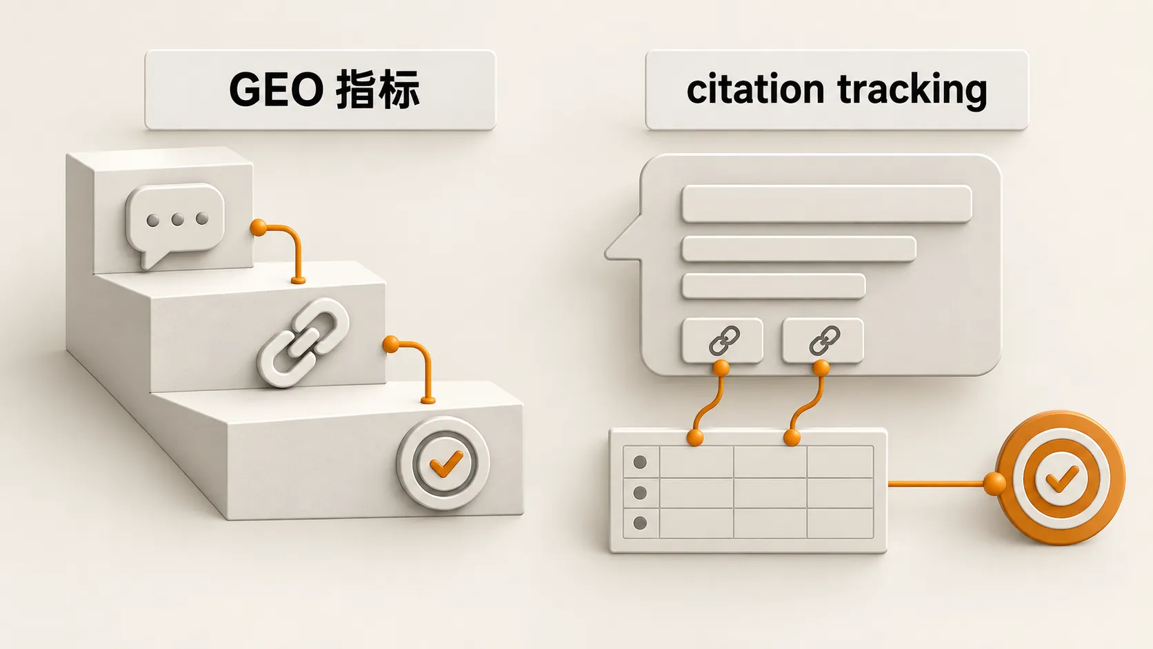 GEO 指标与 citation tracking:左边三层往下走,被提到、挂了链接、推荐对了;右边 GA4 AI 引荐会话到转化