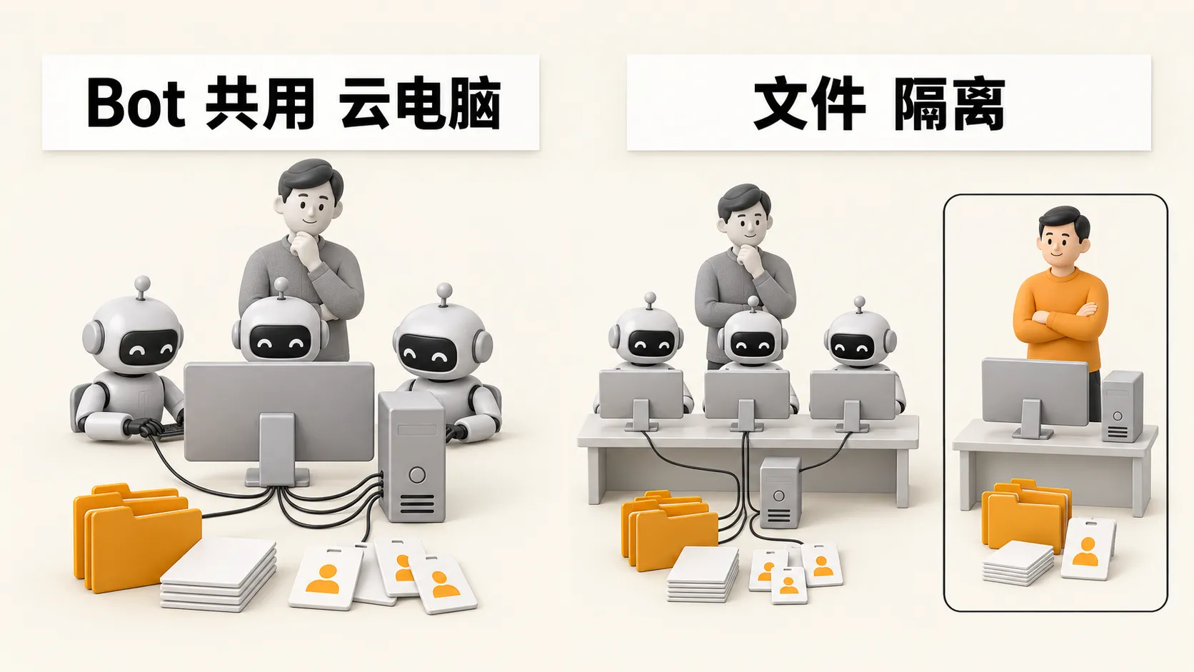 左边同一账号多只 Bot 共用一台云电脑上的文件和登录；右边每只 Bot 有自己的桌面，真正隔离是单独的 Cursor 用户