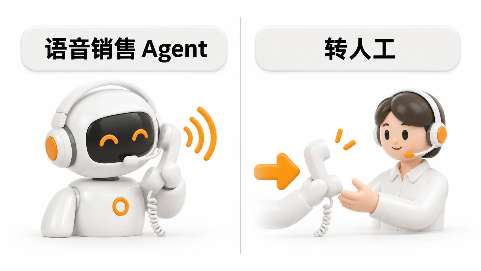 左边是戴耳麦的机器人在打电话,代表语音销售 Agent;右边是听筒沿橙色箭头递到人工坐席手里,代表转人工
